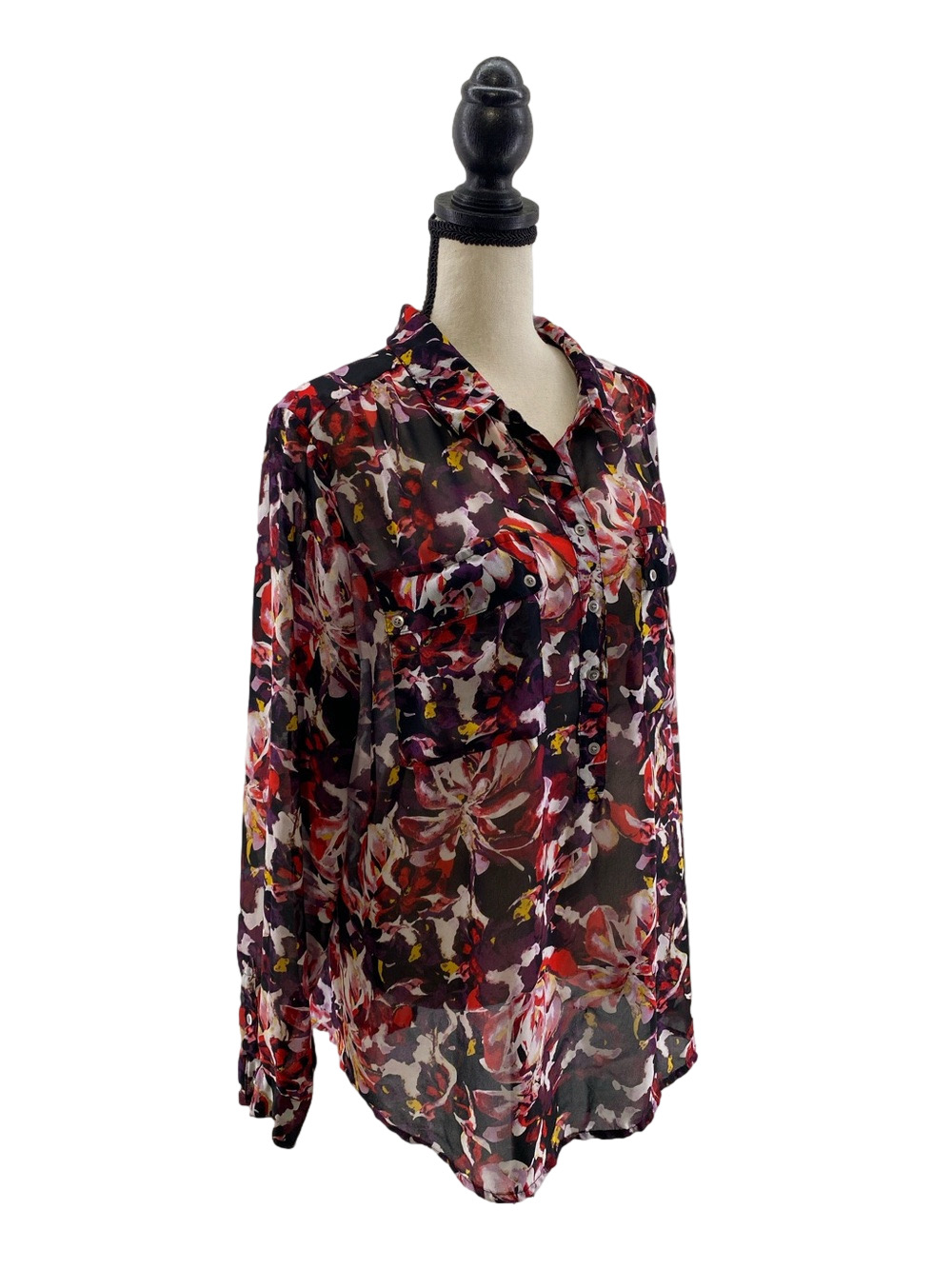 LIZ CLAIBORNE Vtg Sheer Multicolor Floral Blouse w/Collar & 4-Button Placquet—XL
